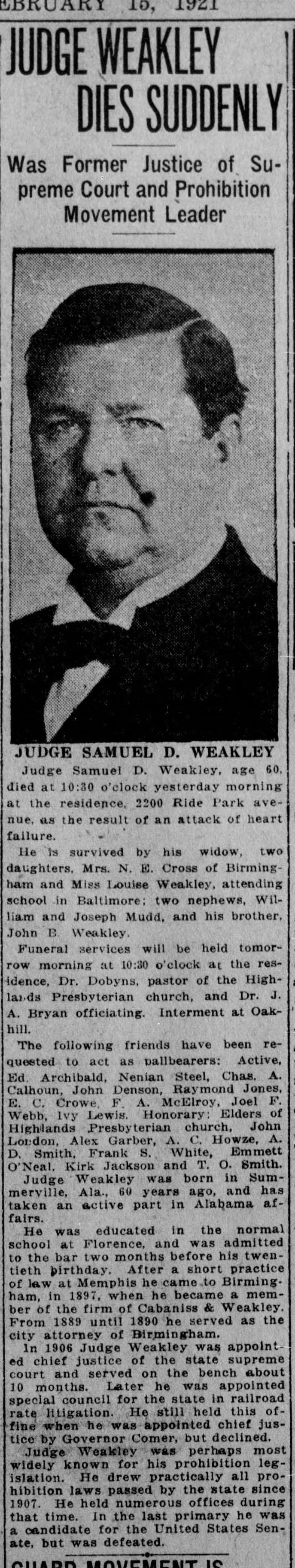 Judge Samuel D. Weakley obituary